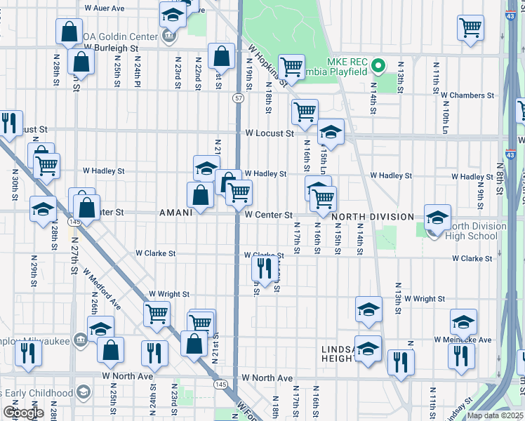 map of restaurants, bars, coffee shops, grocery stores, and more near 1806 West Center Street in Milwaukee