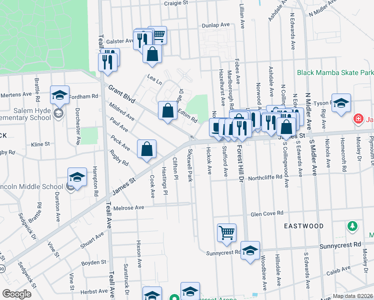 map of restaurants, bars, coffee shops, grocery stores, and more near 2220 James Street in Syracuse