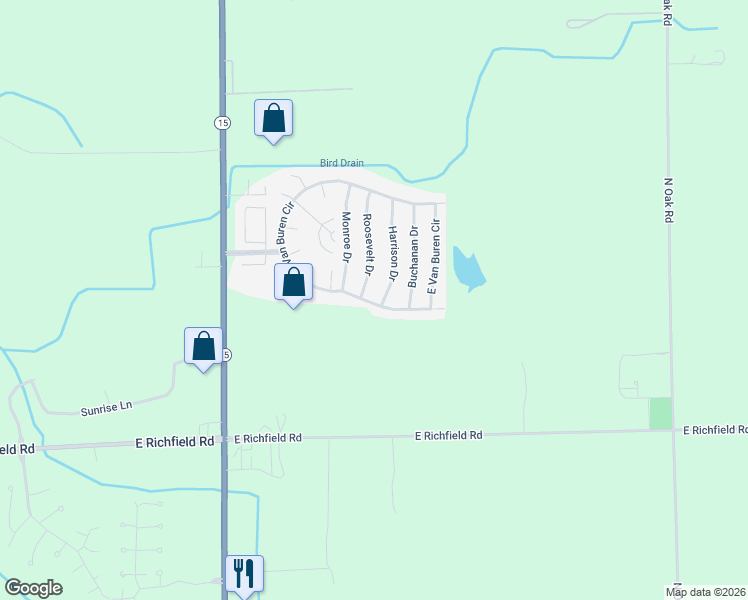 map of restaurants, bars, coffee shops, grocery stores, and more near 106 Van Buren Circle in Davison