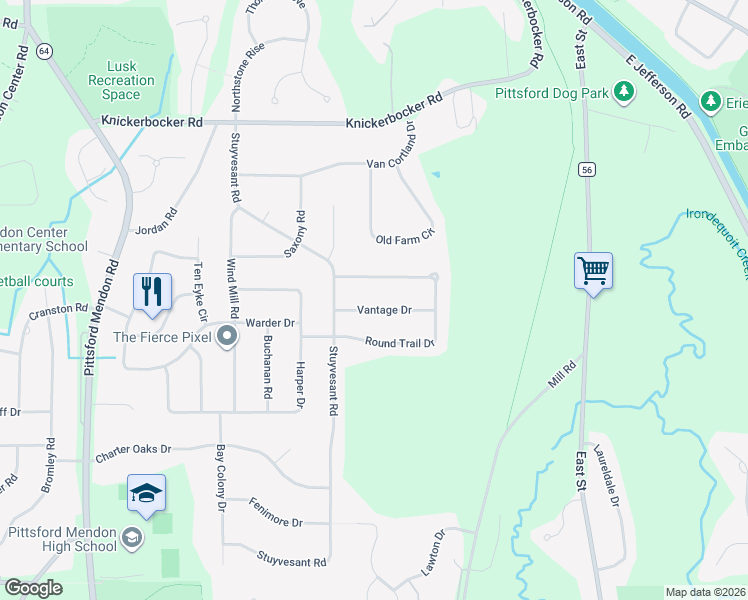 map of restaurants, bars, coffee shops, grocery stores, and more near 3 Vantage Drive in Pittsford