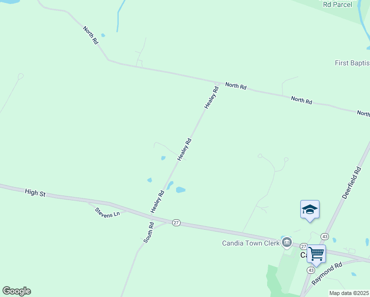 map of restaurants, bars, coffee shops, grocery stores, and more near 85 Healey Road in Candia