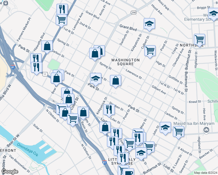 map of restaurants, bars, coffee shops, grocery stores, and more near 509 Kirkpatrick Street in Syracuse