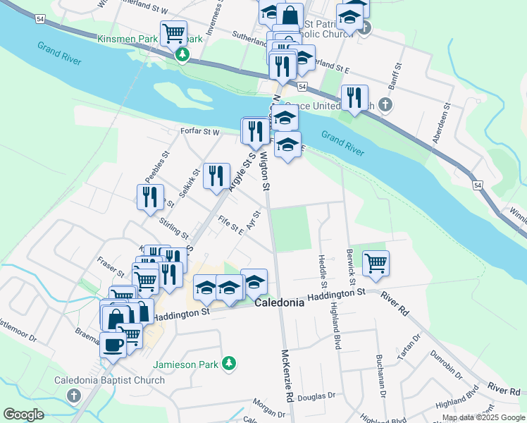map of restaurants, bars, coffee shops, grocery stores, and more near 63 Renfrew Street East in Caledonia