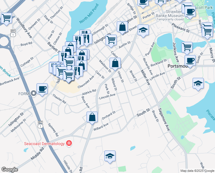 map of restaurants, bars, coffee shops, grocery stores, and more near 45 Park Street in Portsmouth