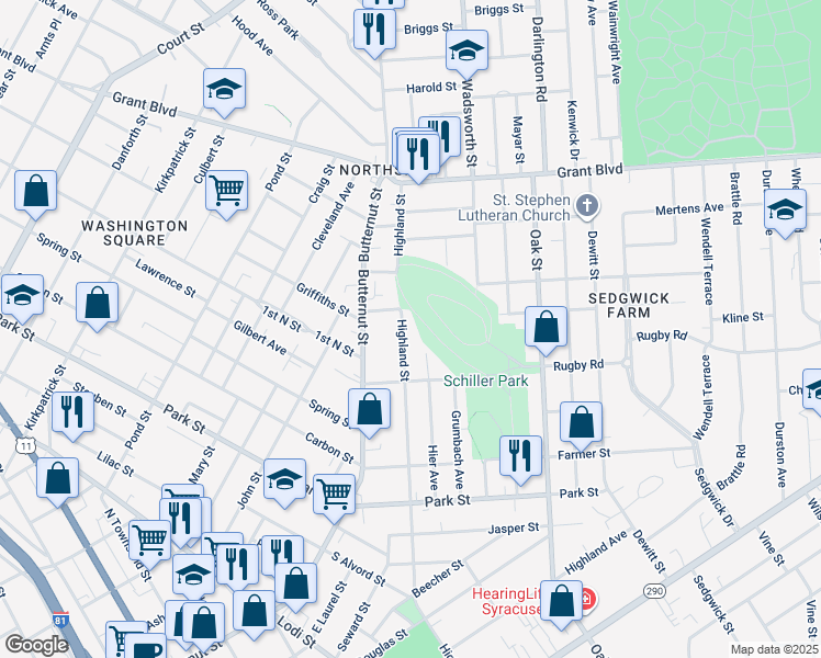map of restaurants, bars, coffee shops, grocery stores, and more near 1048 Highland St in Syracuse