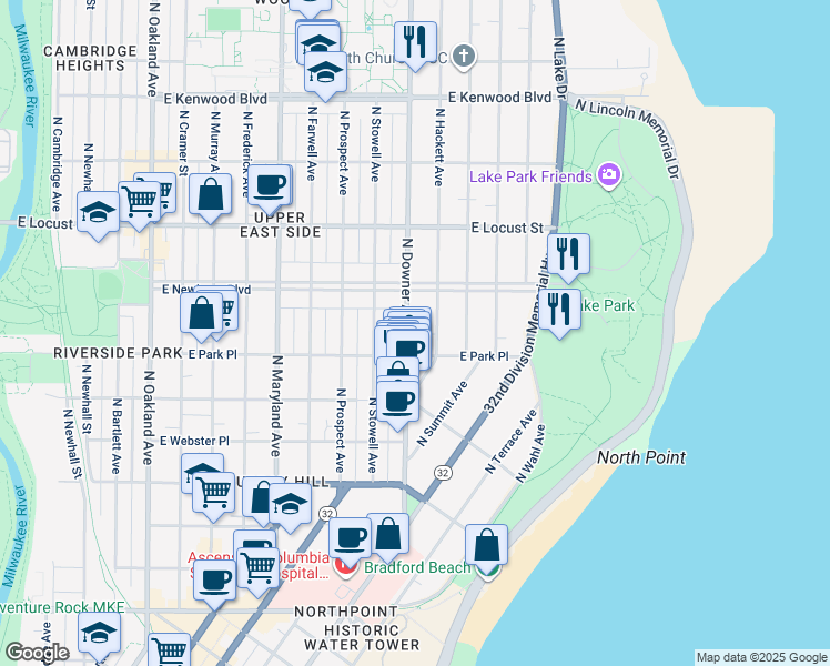 map of restaurants, bars, coffee shops, grocery stores, and more near 2726 North Downer Avenue in Milwaukee
