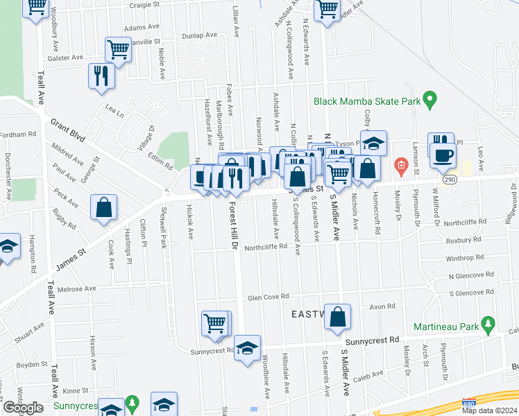 map of restaurants, bars, coffee shops, grocery stores, and more near 123 Woodbine Avenue in Syracuse