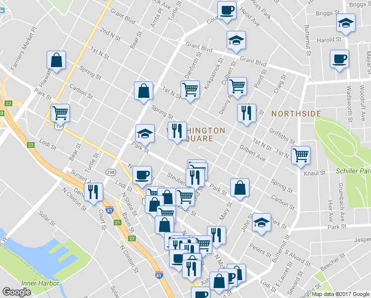 map of restaurants, bars, coffee shops, grocery stores, and more near 637 Carbon Street in Syracuse