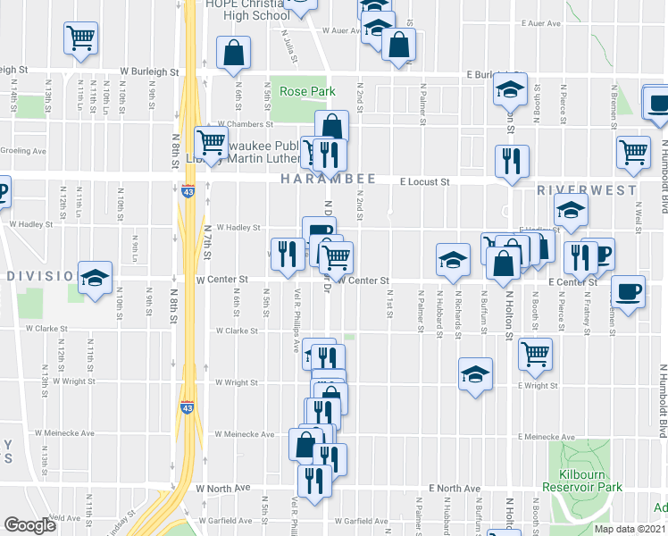 map of restaurants, bars, coffee shops, grocery stores, and more near 2714 North Doctor Martin Luther King Drive in Milwaukee