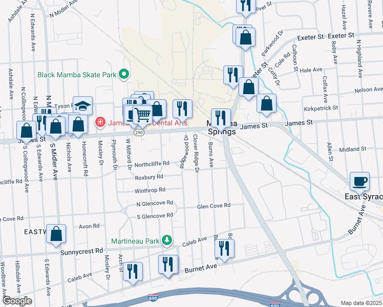 map of restaurants, bars, coffee shops, grocery stores, and more near 146-48 Clover Ridge Drive in Syracuse