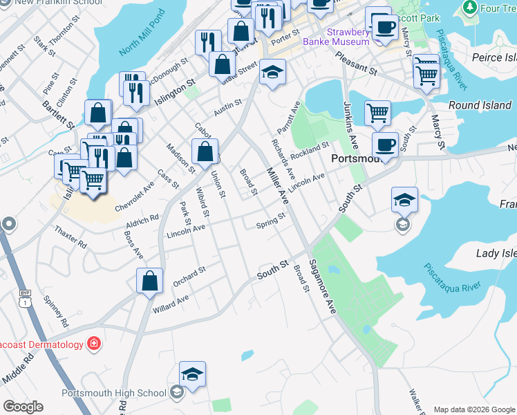 map of restaurants, bars, coffee shops, grocery stores, and more near 373 Lincoln Avenue in Portsmouth
