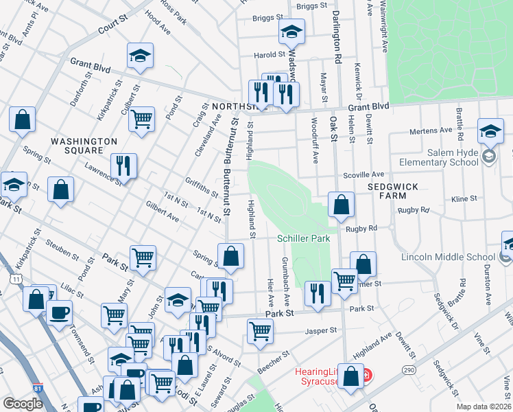 map of restaurants, bars, coffee shops, grocery stores, and more near 1048 Highland Street in Syracuse