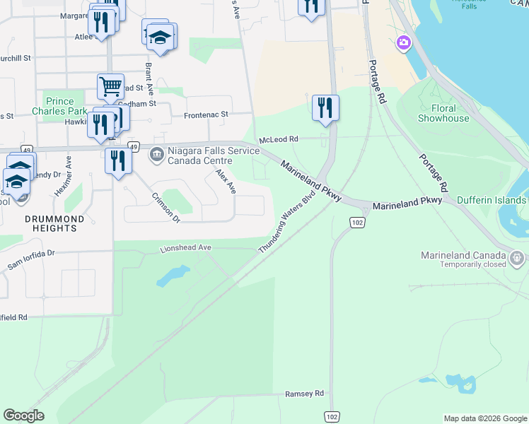 map of restaurants, bars, coffee shops, grocery stores, and more near 5711 Deerbrook Street in Niagara Falls