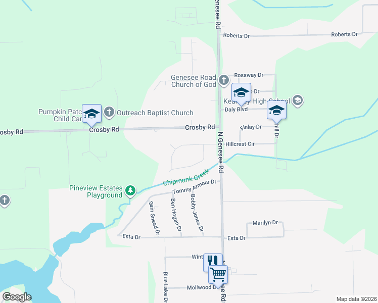 map of restaurants, bars, coffee shops, grocery stores, and more near 4470 North Hillcrest Circle in Flint