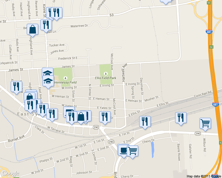 map of restaurants, bars, coffee shops, grocery stores, and more near 411 McCool Avenue in East Syracuse