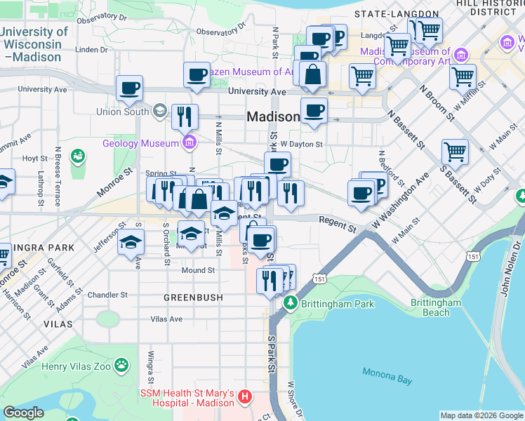 map of restaurants, bars, coffee shops, grocery stores, and more near in Madison