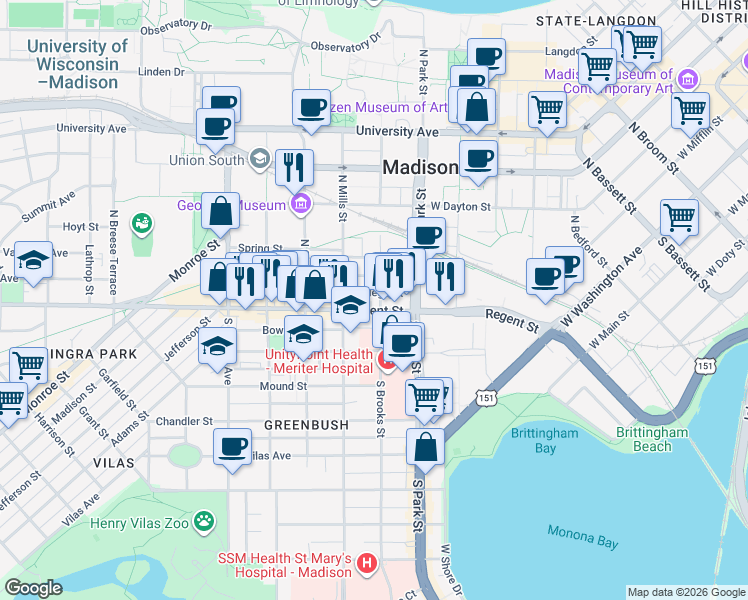 map of restaurants, bars, coffee shops, grocery stores, and more near 1007 College Court in Madison