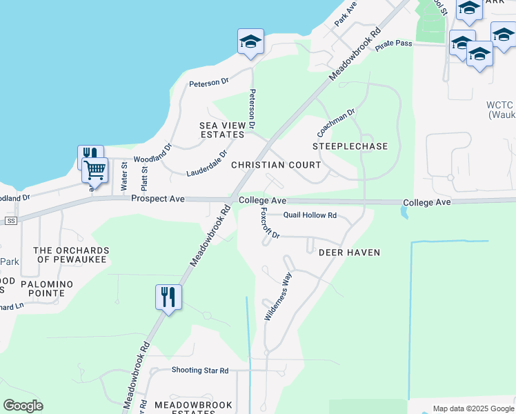 map of restaurants, bars, coffee shops, grocery stores, and more near N26W26499 Foxcroft Drive in Pewaukee