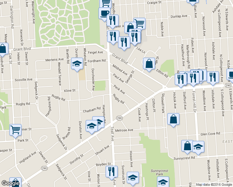 map of restaurants, bars, coffee shops, grocery stores, and more near 124 Rugby Road in Syracuse