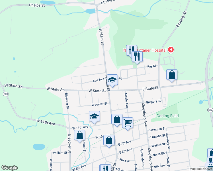 map of restaurants, bars, coffee shops, grocery stores, and more near 461 North Main Street in Gloversville