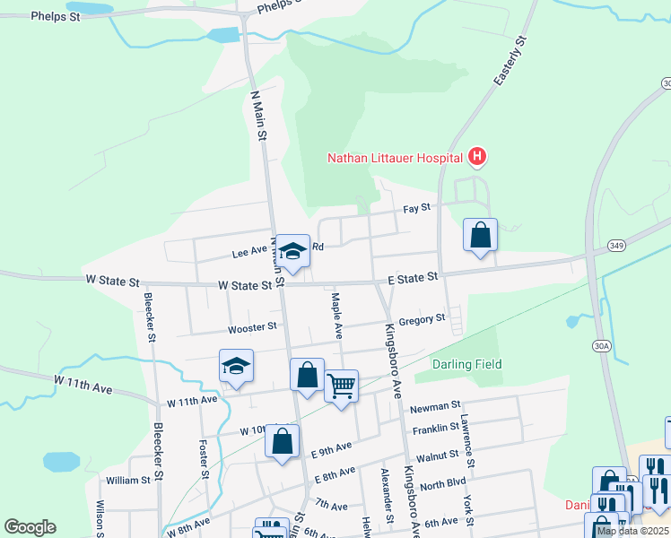 map of restaurants, bars, coffee shops, grocery stores, and more near 23 East State Street in Gloversville