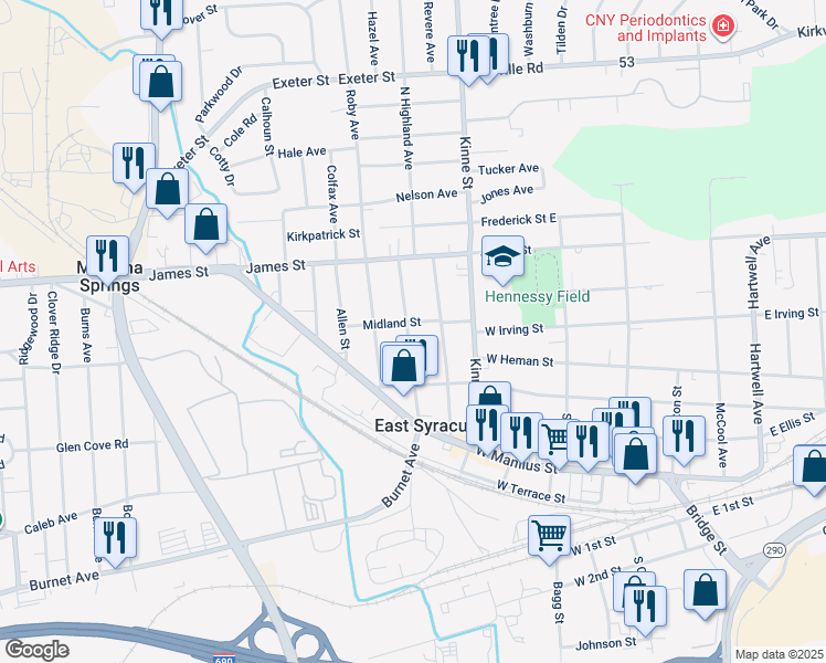 map of restaurants, bars, coffee shops, grocery stores, and more near 215 East Avenue in East Syracuse