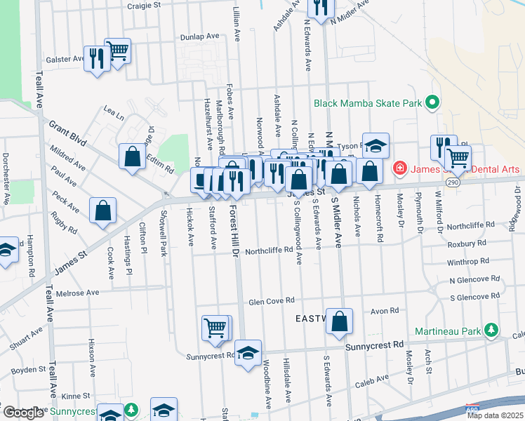 map of restaurants, bars, coffee shops, grocery stores, and more near 118 Woodbine Avenue in Syracuse