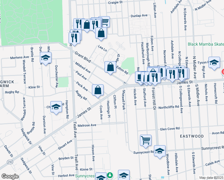 map of restaurants, bars, coffee shops, grocery stores, and more near 2125 James Street in Syracuse