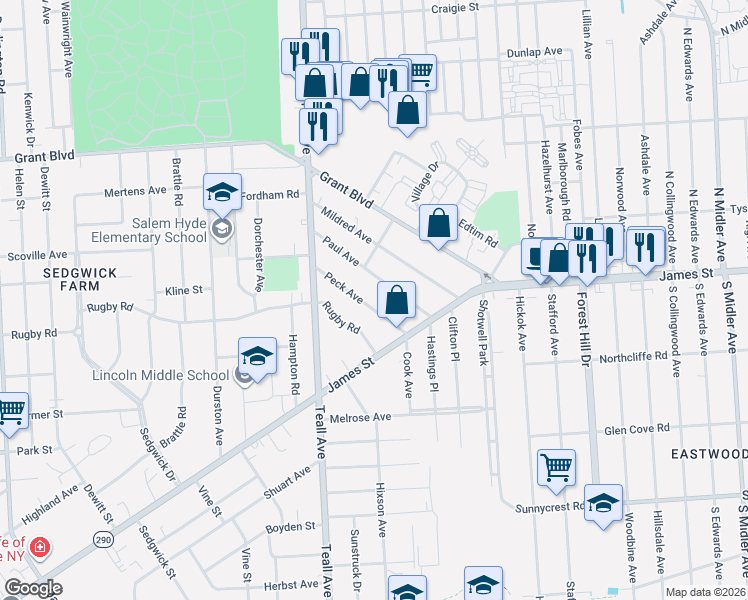 map of restaurants, bars, coffee shops, grocery stores, and more near 122 Peck Avenue in Syracuse