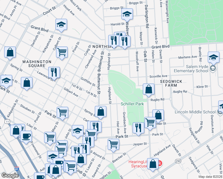 map of restaurants, bars, coffee shops, grocery stores, and more near 1048 Highland Street in Syracuse