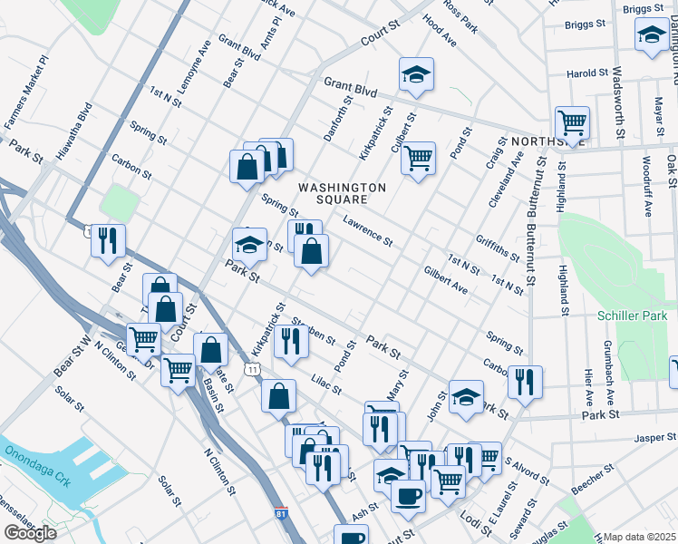 map of restaurants, bars, coffee shops, grocery stores, and more near 115 Spring Lane in Syracuse