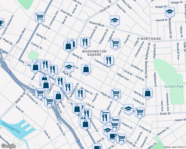 map of restaurants, bars, coffee shops, grocery stores, and more near 115 Spring Lane in Syracuse