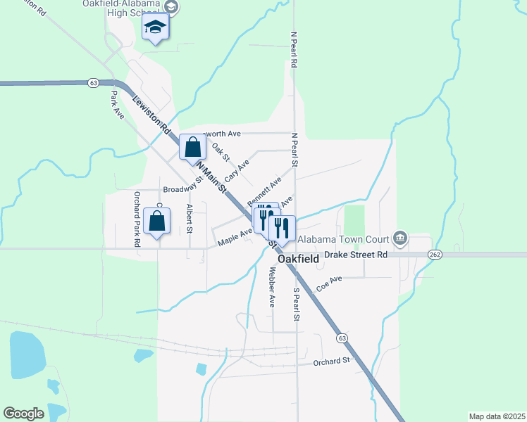 map of restaurants, bars, coffee shops, grocery stores, and more near 11 Forest Avenue in Oakfield
