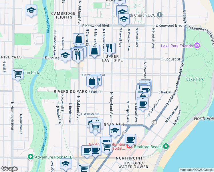 map of restaurants, bars, coffee shops, grocery stores, and more near 2727 North Maryland Avenue in Milwaukee