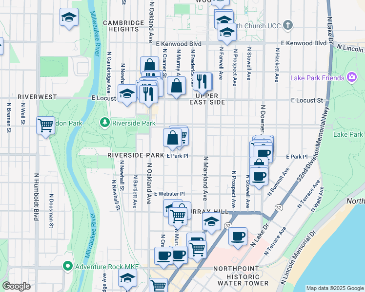 map of restaurants, bars, coffee shops, grocery stores, and more near 2724 North Murray Avenue in Milwaukee