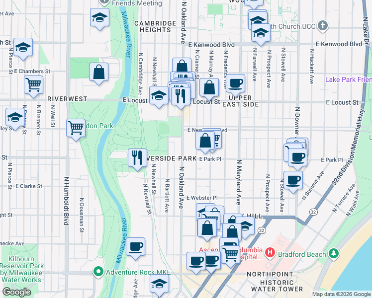 map of restaurants, bars, coffee shops, grocery stores, and more near 2729 North Oakland Avenue in Milwaukee