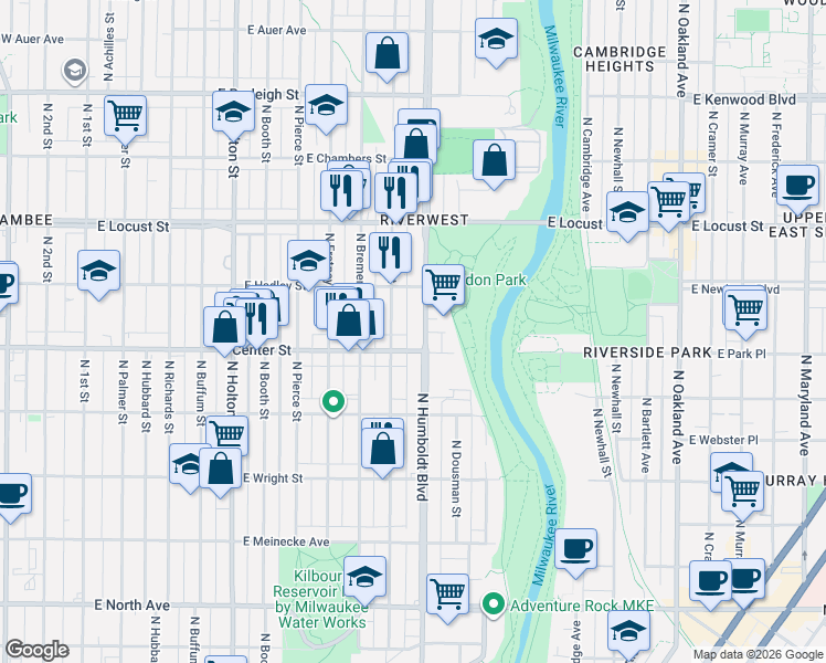 map of restaurants, bars, coffee shops, grocery stores, and more near 2715 North Humboldt Boulevard in Milwaukee