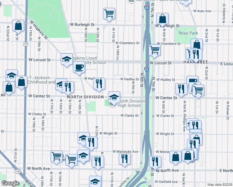 map of restaurants, bars, coffee shops, grocery stores, and more near 2716 North 11th Street in Milwaukee