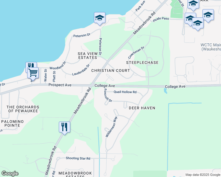map of restaurants, bars, coffee shops, grocery stores, and more near N26W26414 Quail Hollow Road in Pewaukee