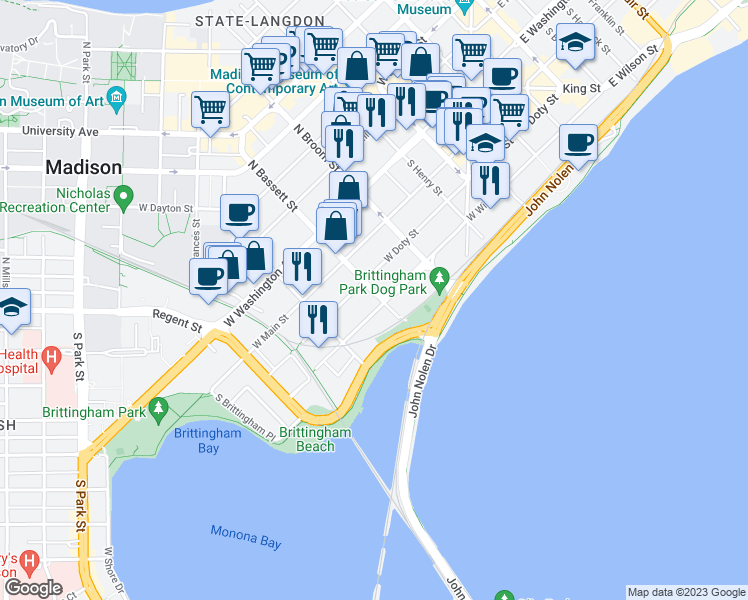 map of restaurants, bars, coffee shops, grocery stores, and more near in Madison