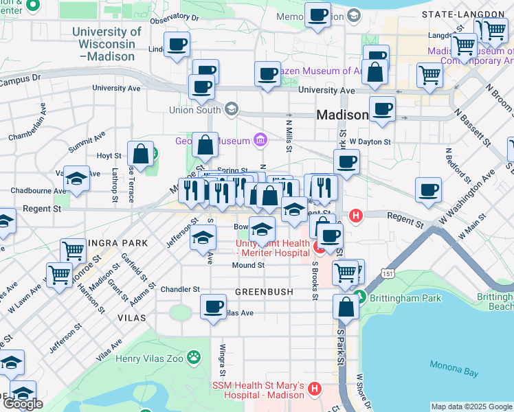 map of restaurants, bars, coffee shops, grocery stores, and more near 1202 Regent Street in Madison