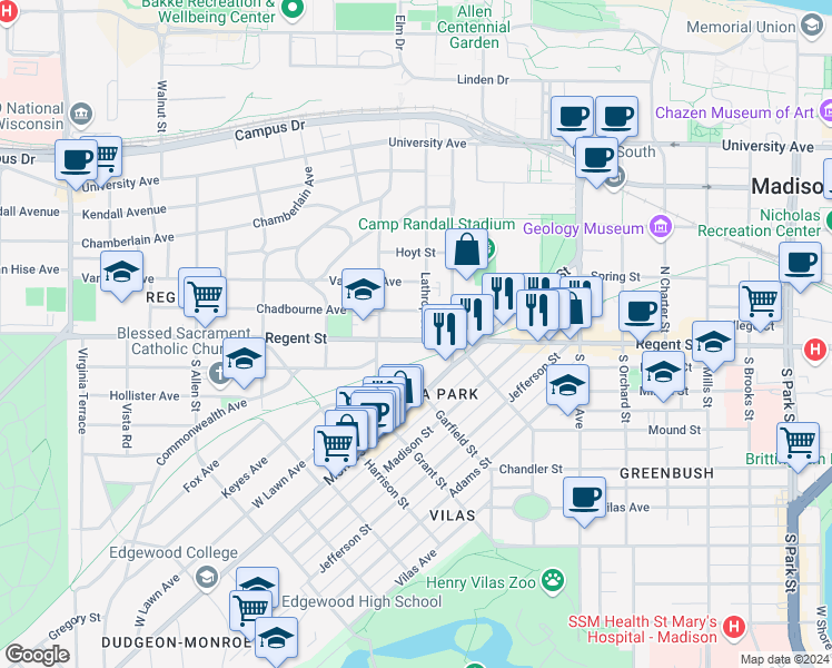 map of restaurants, bars, coffee shops, grocery stores, and more near in Madison