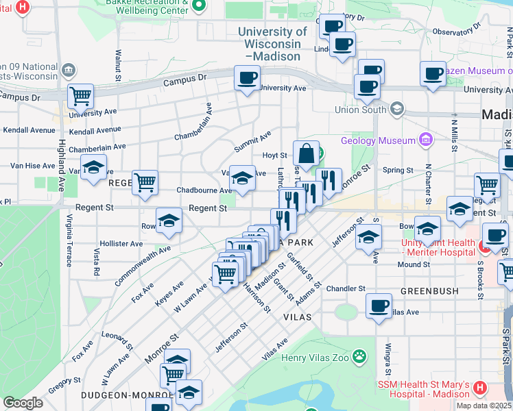 map of restaurants, bars, coffee shops, grocery stores, and more near 1728 Regent Street in Madison
