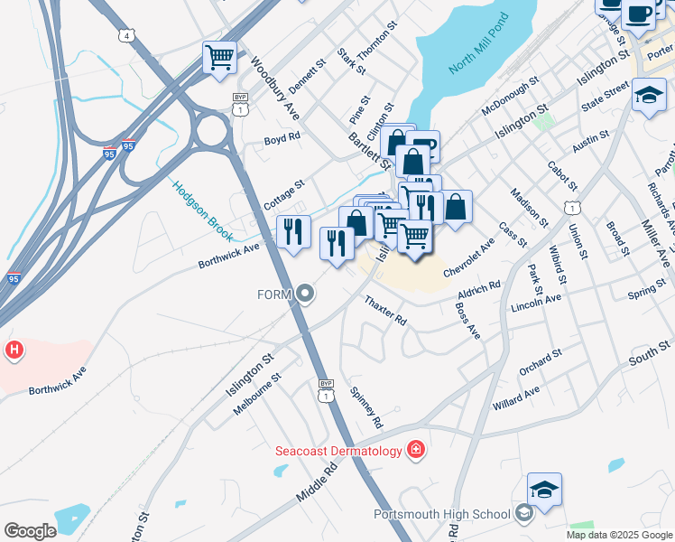 map of restaurants, bars, coffee shops, grocery stores, and more near 909 Islington Street in Portsmouth