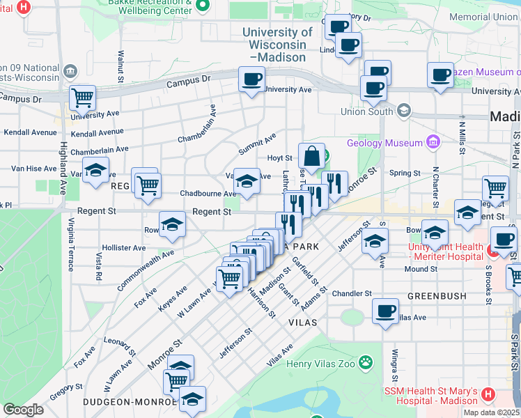 map of restaurants, bars, coffee shops, grocery stores, and more near 1728 Regent Street in Madison