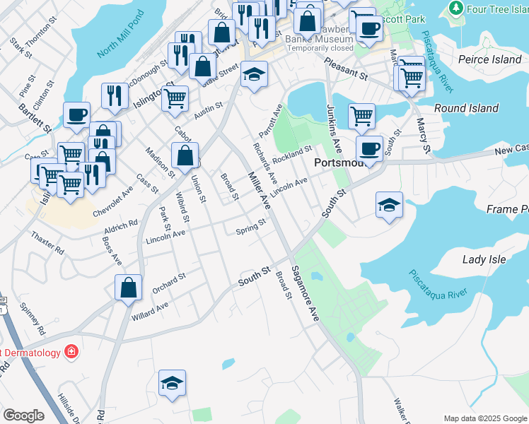 map of restaurants, bars, coffee shops, grocery stores, and more near 260 Miller Avenue in Portsmouth