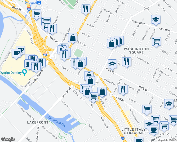 map of restaurants, bars, coffee shops, grocery stores, and more near 1407 North Salina Street in Syracuse