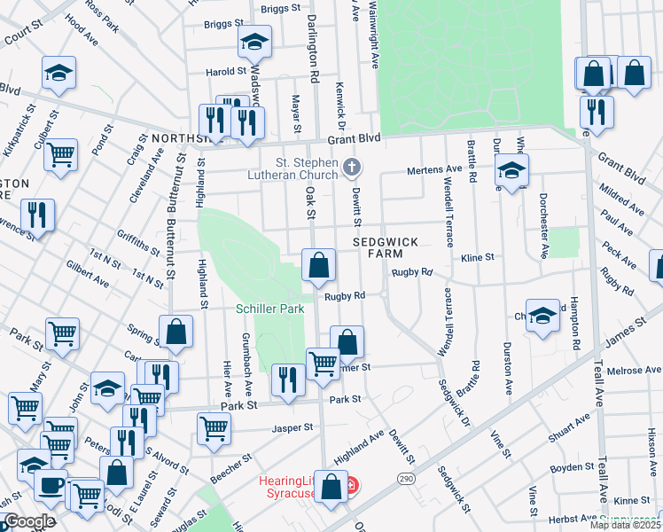 map of restaurants, bars, coffee shops, grocery stores, and more near 419 Helen Street in Syracuse