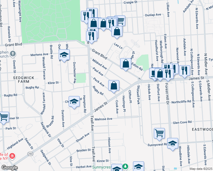 map of restaurants, bars, coffee shops, grocery stores, and more near 122 Peck Avenue in Syracuse