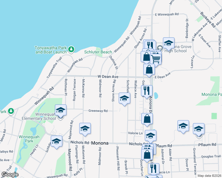 map of restaurants, bars, coffee shops, grocery stores, and more near 4801 Shore Acres Road in Monona